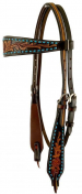 Showman Argentina Cow Leather Browband Headstall With Two-Tone Finish, Floral Tool And Turquoise Buc
