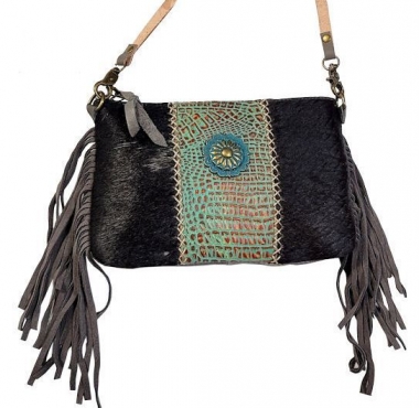 P & G Collection Cowhide Leather Fringe Crossbody Handbag With Concho ...
