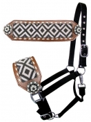 Showman Black Nylon Bronc Nose Halter With Blk/Wht Woven Southwest Fabric Inlay And Conchos