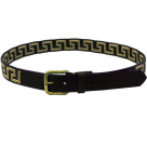 Black Leather Greek Key Design Belt with Tan Stitching