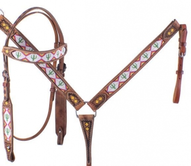 Leather Western Headstall and Breast Collar Set Silver Conchos and Beads