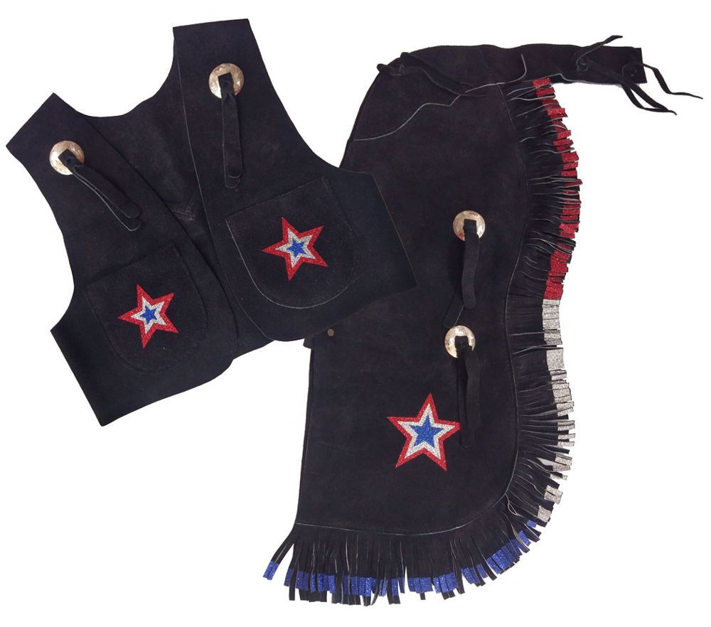 Showman BLACK SMALL Kid's Size Suede Leather Western Chaps & Vest Set Costume! 