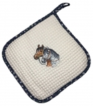 Cotton Embroidered Horses Duo Pot Holder With Navy Floral Trim