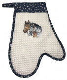 Cotton Embroidered Horses Duo Oven Mitt With Navy Floral Trim