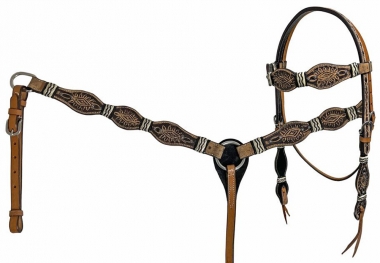 Showman ® Rawhide Braided Headstall and Breastcollar Set with Antique Style Conchos. main image 0