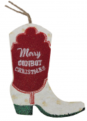 Wooden/Leather Cowboy Boot Ornament - White - 4.25 inches