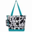 NGIL Cow Print with Turquoise Canvas Tote Bag with Matching Zipper Pouch - Large