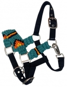 Showman Pony Wool String Black Nylon Halter - Teal/Orange/Yellow