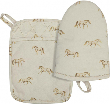 AWST Lila Oven Mitt And Potholder Set - Cream Horses