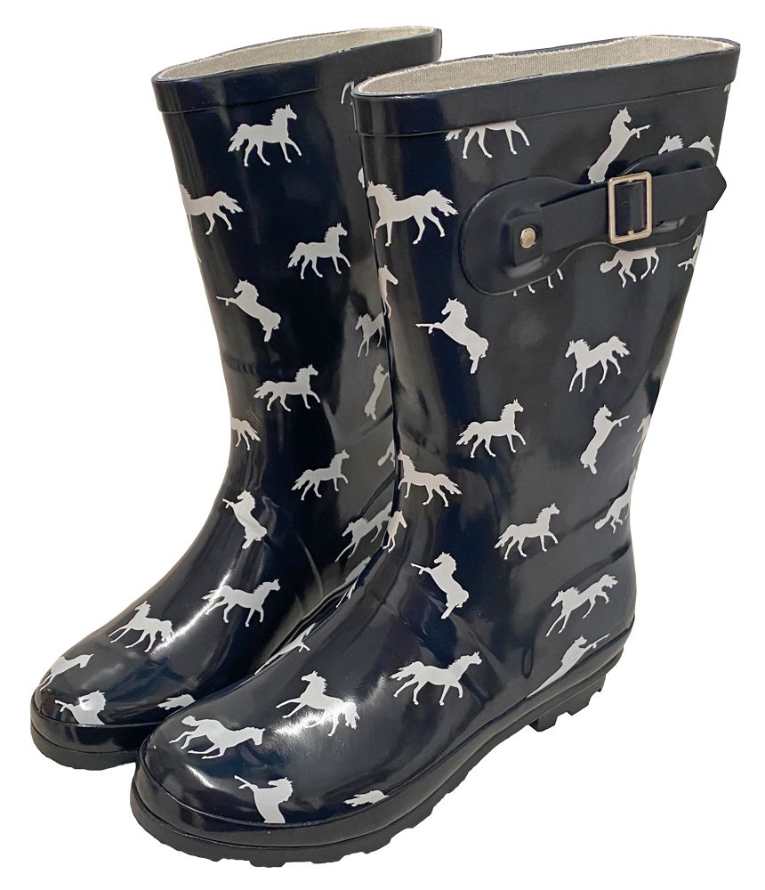 invade Transparent Slime Womens Horse Print Waterproof Rubber Rain Boots - Navy: Chicks Discount  Saddlery