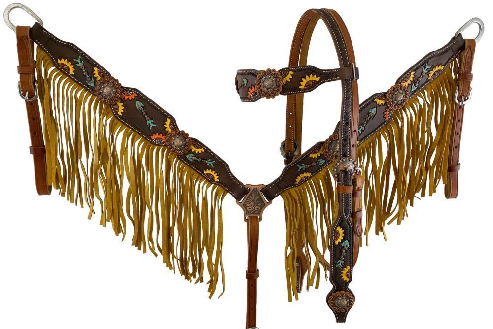 Showman HEADSTALL & BREST COLLAR set Hand Painted Sunflower Leather Browband 