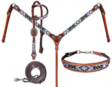 Showman Leather Headstall & Breast Collar Set w/ Beaded Southwest Design 