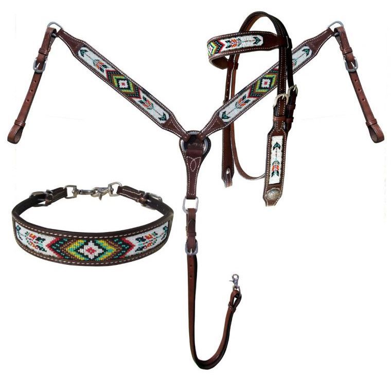 Showman Leather Wither Strap w/ RED & WHITE Beaded Arrow Design NEW HORSE TACK!