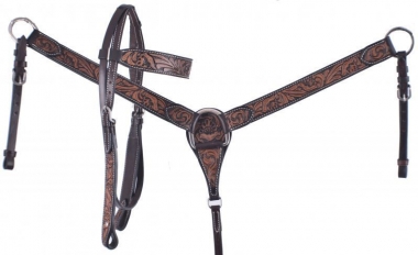 New! Showman ® Medium tooled leather headstall and breast collar. main image 0