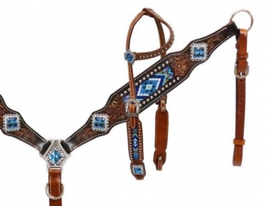 Western Saddle Horse Beaded Leather Tack Set Headstall Bridle w/ Breast Collar 