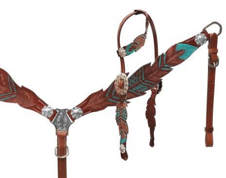 Showman Leather Wither Strap w/ TEAL Hand Painted Feather Design NEW HORSE TACK 