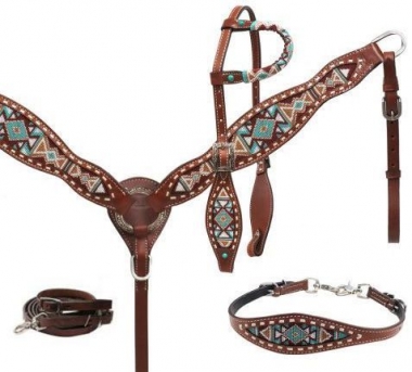 Breast Collar Western Saddle Horse Beaded Leather Tack Set Bridle Headstall 