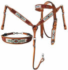 Showman Argentina Cow Leather Teal And White Beaded Headstall, Breast Collar, And Wither Strap Set
