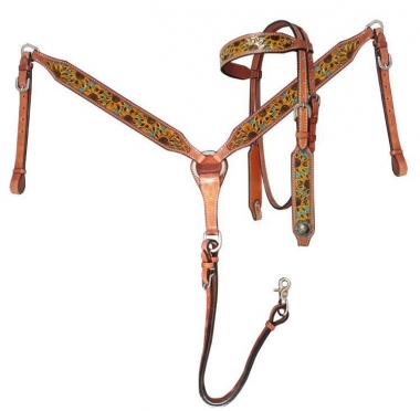 Showman Leather Headstall & Breast Collar Set w/ Hand Painted Sunflower Design 