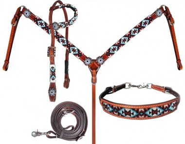 Showman Multi Color BEADED CROSS Bridle Breast Collar Reins Wither Strap 4pc SET 