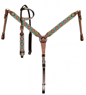 Showman Teal Southwest Woven Fabric Inlay Headstall, Breast Collar ...