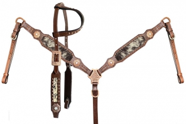 Showman One Ear Headstall, Breast Collar, Reins Set with Brindle Hair on Cowhide Inlay and Iridescen