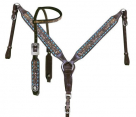 Showman One Ear Headstall, Breast Collar, Reins Set With Teal Buckstitch And Sunflower Tool