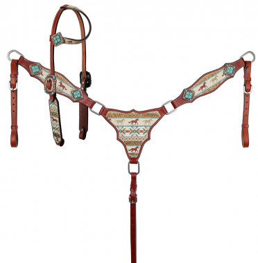 New! Showman Black and Turquoise Nylon One Ear Headstall and Breastcollar Set
