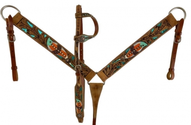 Showman TEAL & COPPER Tooled Leather One Ear Bridle Breast Collar Reins SET 