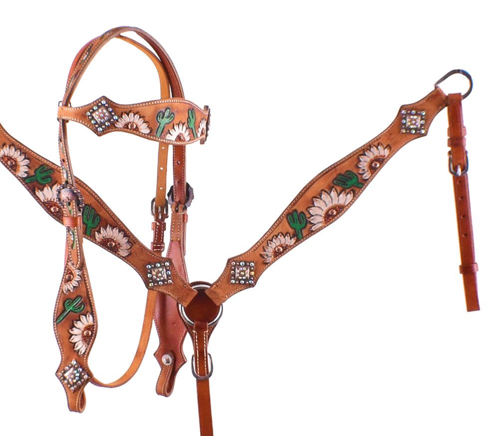 Showman Hand Painted Sunflower & Cactus Leather Headstall & Breast Collar Set 