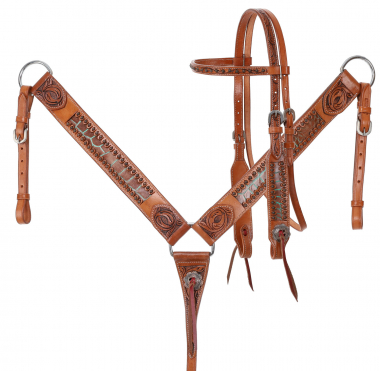NEW! Showman ® Cowhide inlay browband headstall and breast collar set with copper beading. main image 0