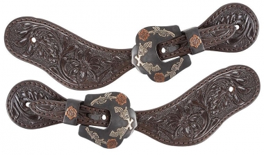 Mens Two Tone Floral Tooled Leather Western Pair Spur Straps 
