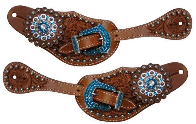 Men's Size Pair Of Floral Tooled Medium Oil Leather Western Spur Straps 