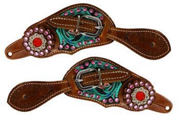 Showman Youth Size floral tooled spur straps with metallic paint and pink crystals 