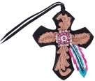 Showman Black Leather Tie On Cross With Pink And Turquoise Feather