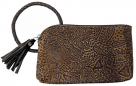 Two-Tone Tooled Leather Bangle Clutch Wristlet with Tassel Zipper